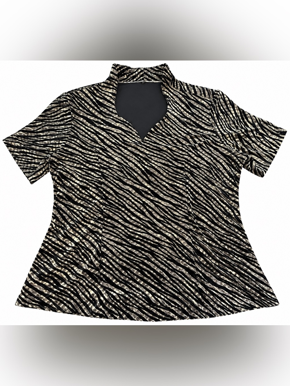 Vintage Style Zebra Print Velour Top Women’s Medium Shoulder Pads Black Gold y2k